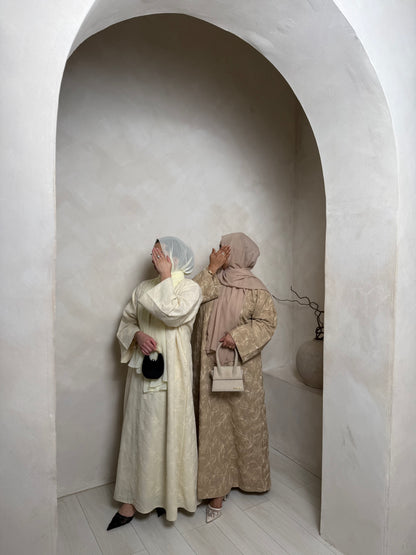 Rua - Floral Pressed Embroidered Closed Abaya (Latte)