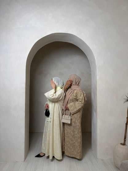 Rua - Floral Pressed Embroidered Closed Abaya (Latte)