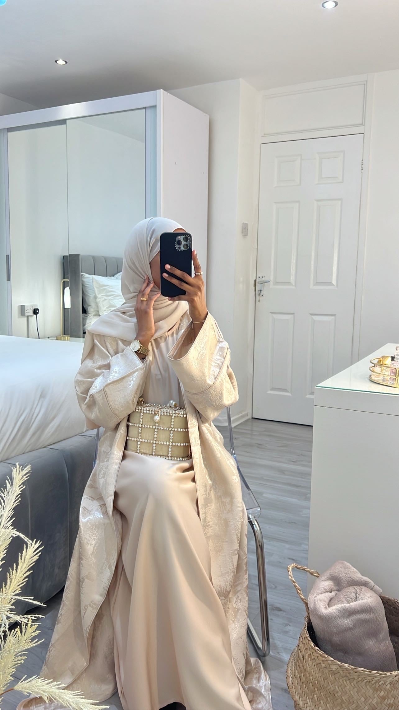 Aria - Oversized Jacquard Brocade 4-piece Abaya Set (Champagne Gold)