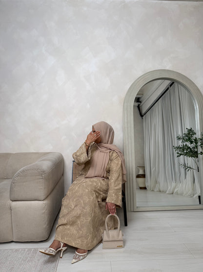 Rua - Floral Pressed Embroidered Closed Abaya (Latte)