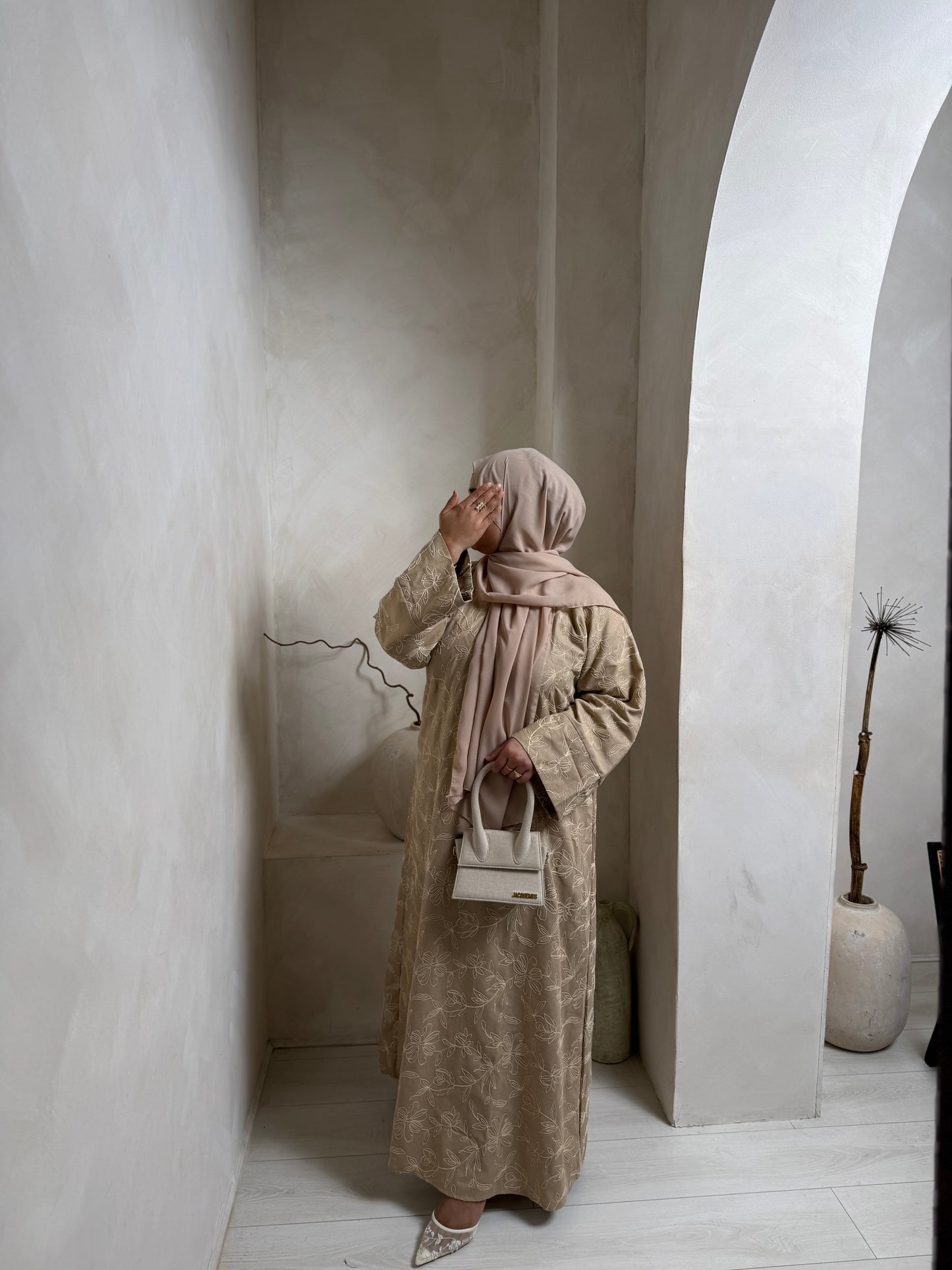Rua - Floral Embroidered Closed Abaya (Latte)